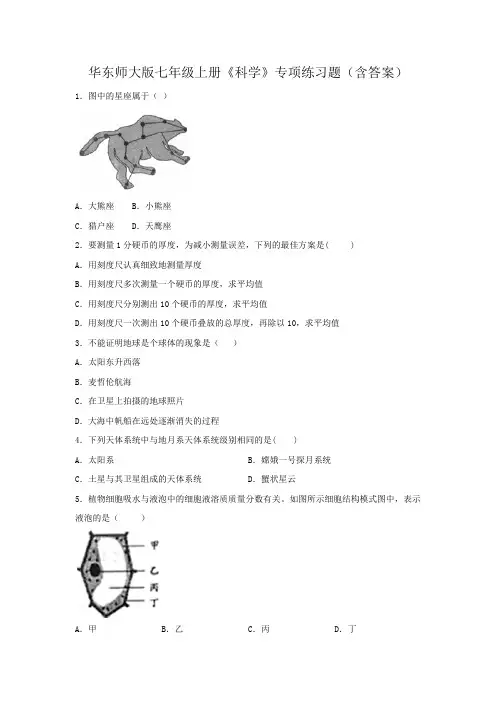 华东师大版七年级上册《科学》专项练习题(含答案)