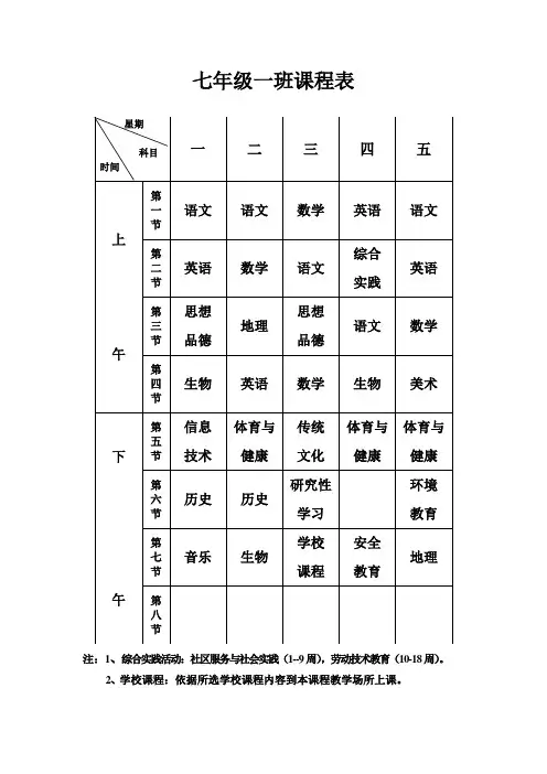 初中各班级总课程表