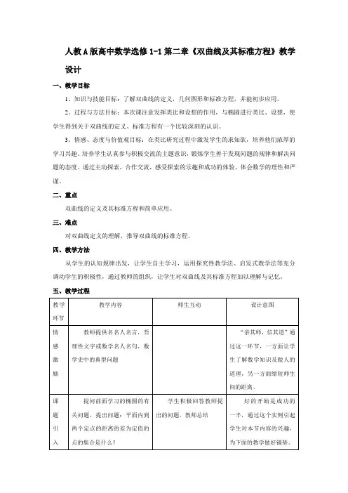 人教A版高中数学选修1-1第二章《双曲线及其标准方程》教学设计