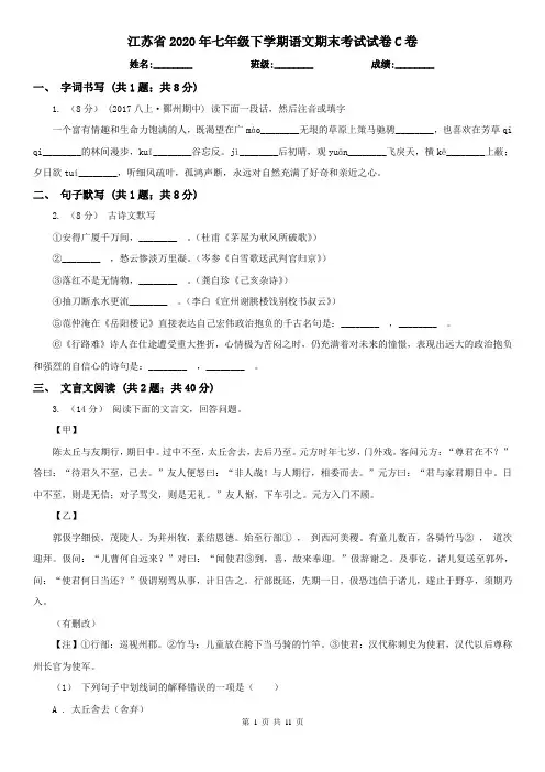 江苏省2020年七年级下学期语文期末考试试卷C卷