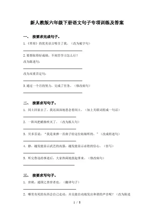 新人教版六年级下册语文句子专项训练及答案