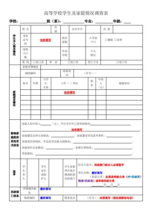 家庭经济情况调查表(范本)