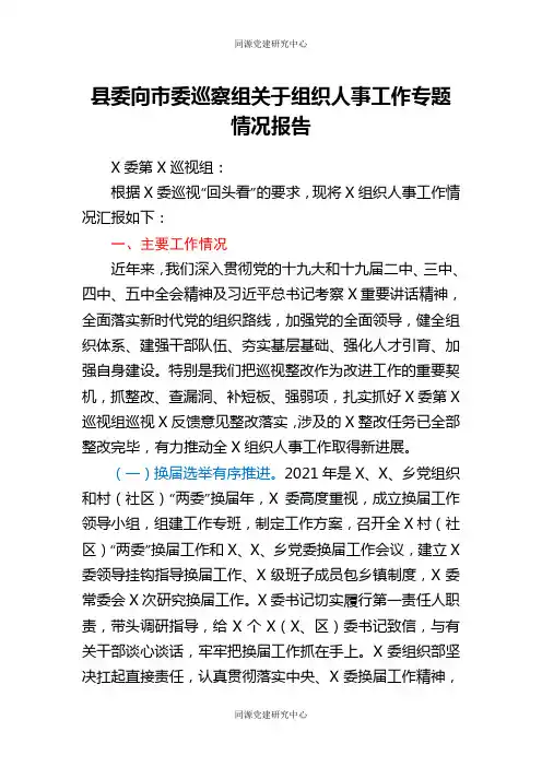 县委向市委巡察组关于组织人事工作专题情况报告