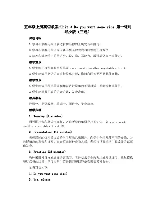 五年级上册英语教案-Unit 3 Do you want some rice第一课时 湘少版(三起)