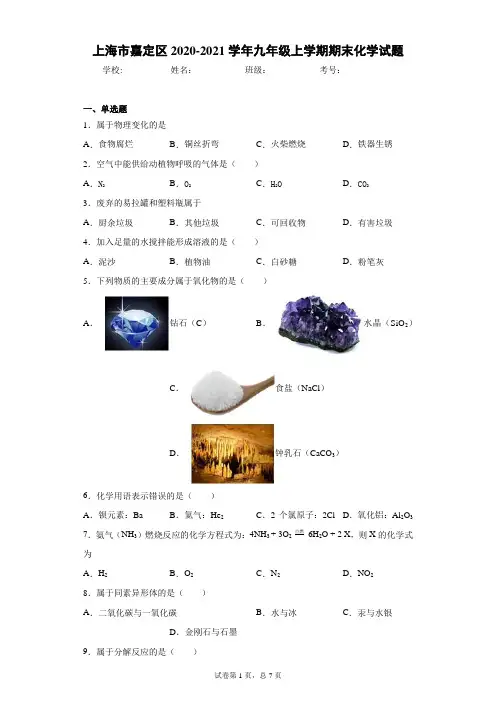 上海市嘉定区2020-2021学年九年级上学期期末化学试题(含答案解析)