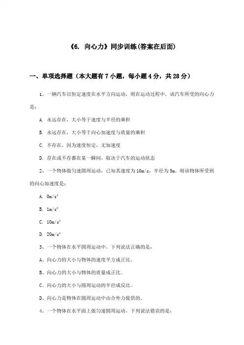《6. 向心力》(同步训练)高中物理必修2_人教版_2024-2025学年