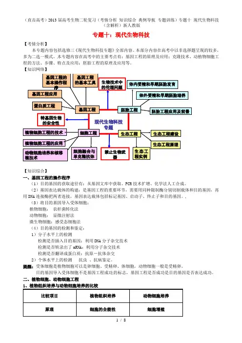 (直击高考)高考生物二轮复习(考情分析 知识综合 典例导航 专题训练)专题十 现代生物科技(含解析)新人