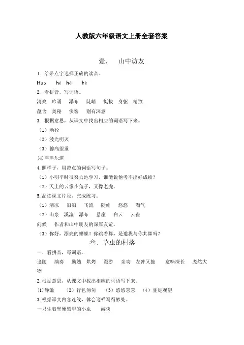 人教版六年级语文上册课堂作业本全套答案