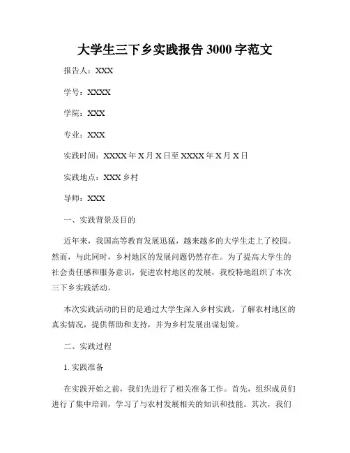 大学生三下乡实践报告3000字范文