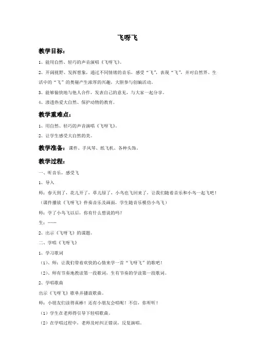 湘艺版音乐一年级上册第5课《飞呀飞》教案1