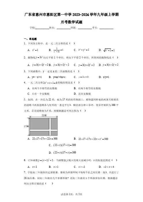 广东省惠州市惠阳区第一中学2023-2024学年九年级上学期月考数学试题(含答案解析)