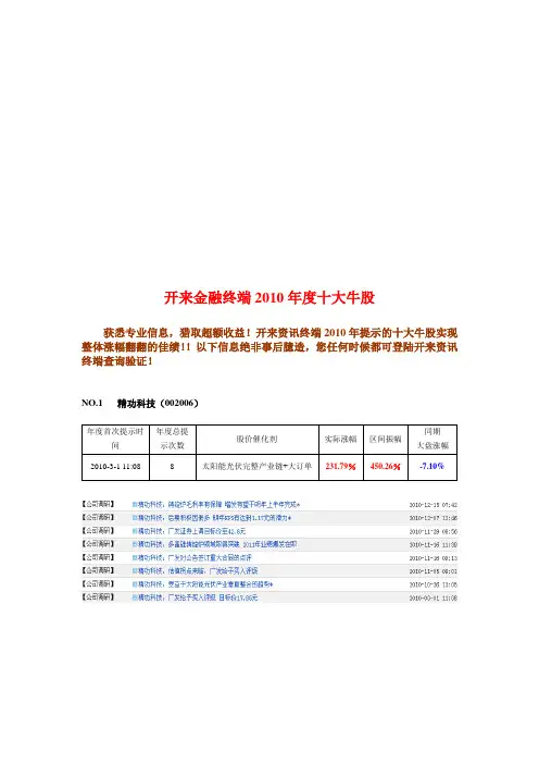 开来金融资料终端年度十大牛股