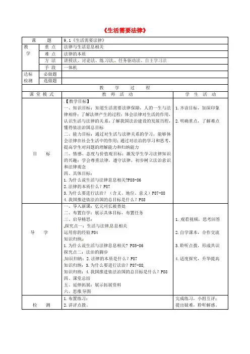 广东省佛山市七年级道德与法治下册 第四单元 走进法治天地 第九课 法律在我们身边 第1框 生活需要法