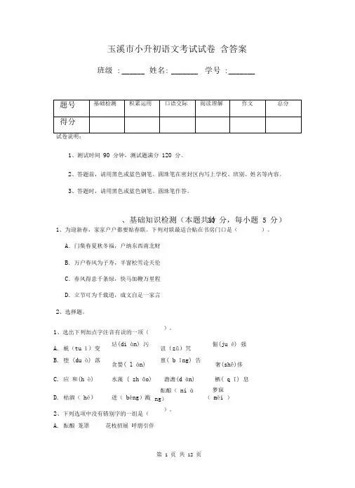 玉溪市小升初语文考试试卷含答案