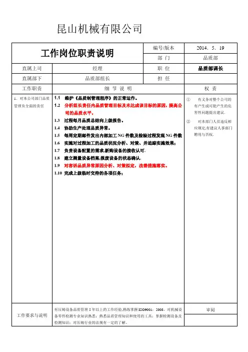 品质部课长工作职责