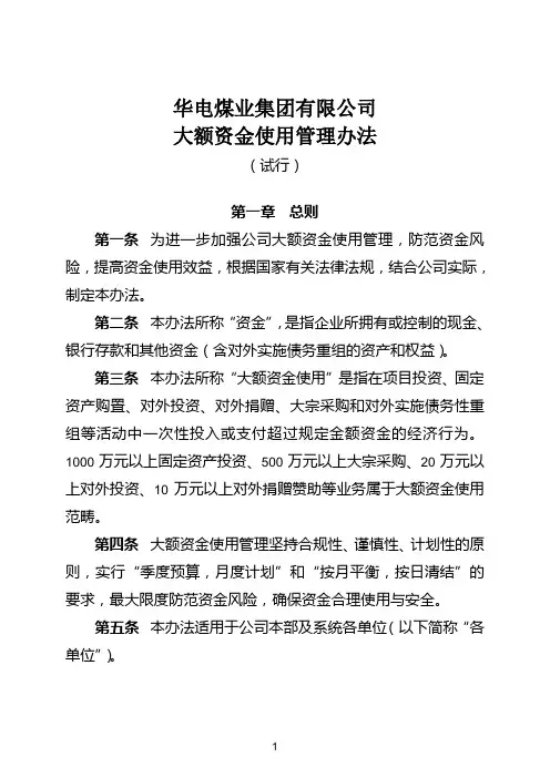 华电煤业集团有限公司大额资金使用管理办法(试行)