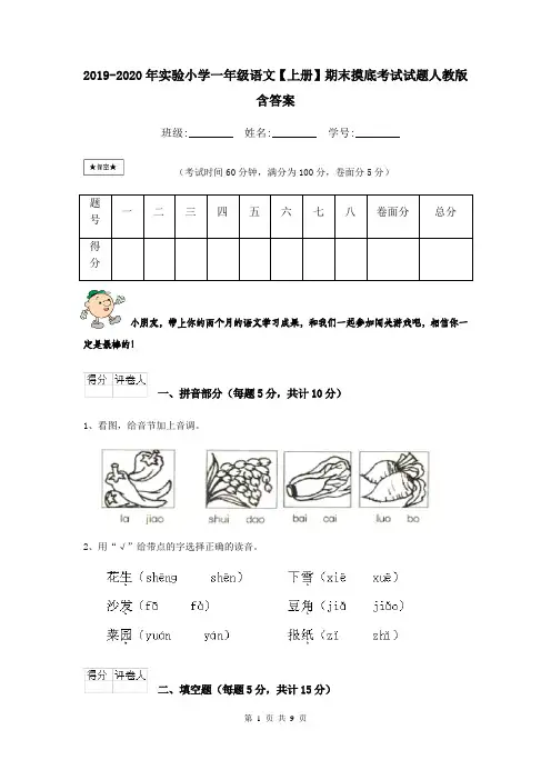 2019-2020年实验小学一年级语文【上册】期末摸底考试试题人教版 含答案