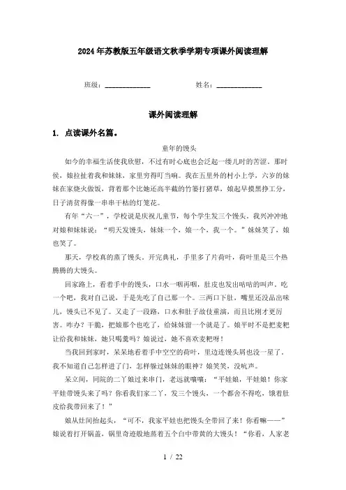 2024年苏教版五年级语文秋季学期专项课外阅读理解