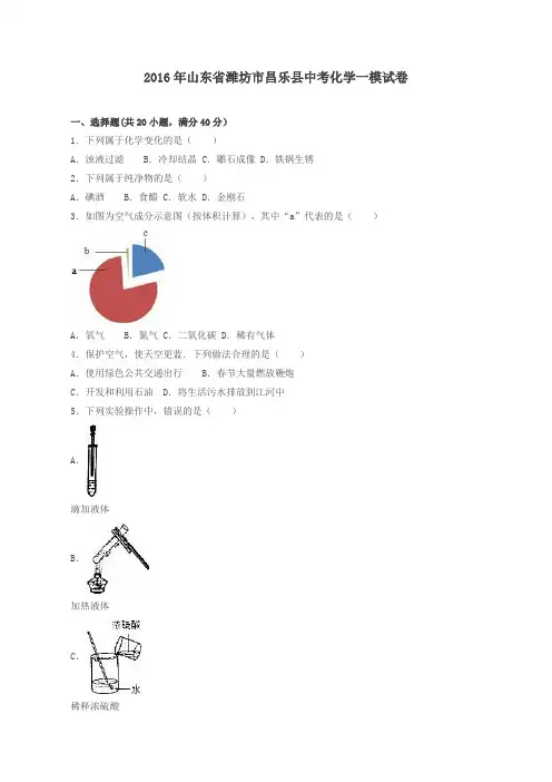 山东省潍坊市昌乐县中考化学一模试卷(含解析)