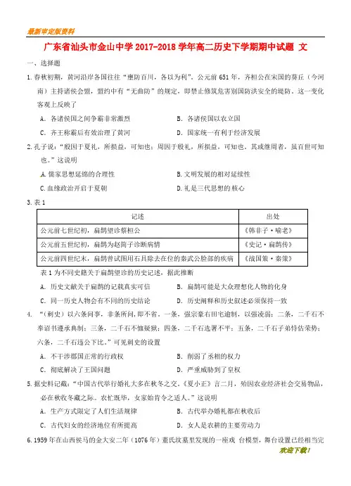 【名师推荐资料】广东省汕头市金山中学2020-2021学年高二历史下学期期中试题 文