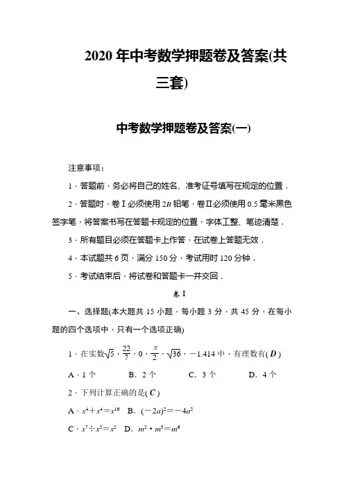 2020年中考数学押题卷及答案(共三套)