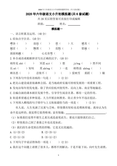 2020年六年级语文小升初模拟题(6套试题) 共28页后附答案可直接打印或编辑