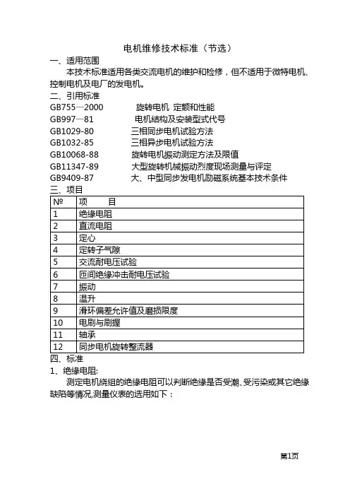 电机维修技术标准