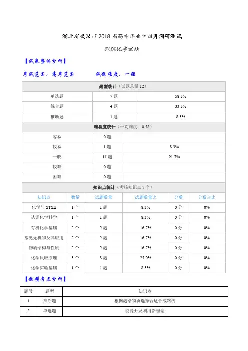 【全国大联考】【湖北(新课标Ⅰ)】湖北省武汉市2018届高中毕业生四月调研测试理综化学试题(解析版)