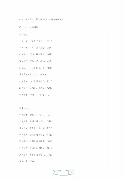 2018年小学一年级语文全部知识点汇总