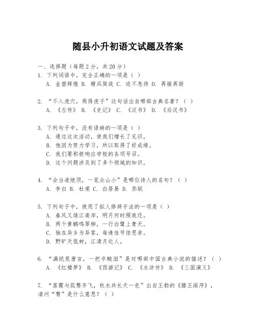 随县小升初语文试题及答案
