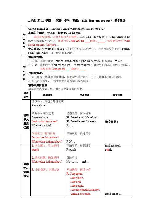 二年级 第 二 学期    英语  学科  课题： M1U1 What can you see  教学设计
