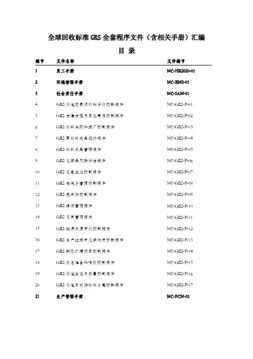 最新全球回收标准GRS全套程序文件汇编(含相关手册)共294页