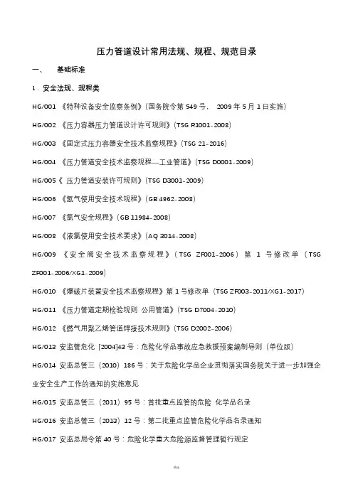 压力管道设计常用法规、规程、规范目录2018-6-20