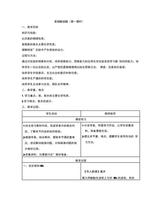 高中化学必修一教案-4.4氨硝酸硫酸第一课时