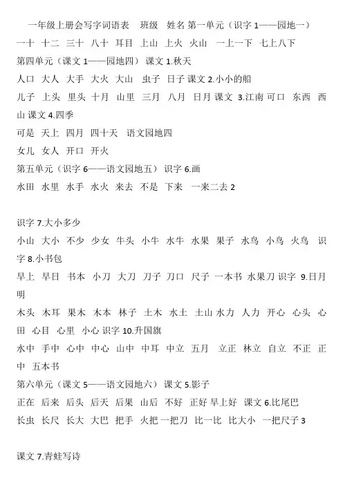 部编版一年级上册词语表