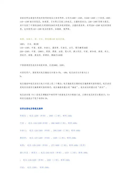 世界各国电压及插头标准