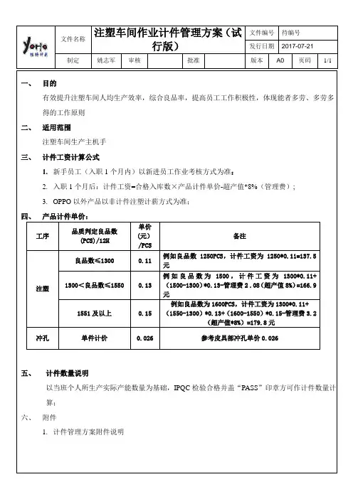注塑车间作业计件方案
