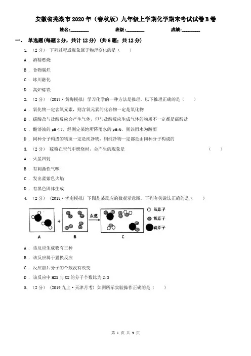 安徽省芜湖市2020年(春秋版)九年级上学期化学期末考试试卷B卷