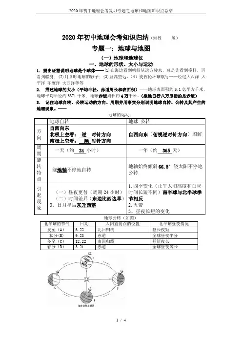 2020年初中地理会考复习专题之地球和地图知识点总结