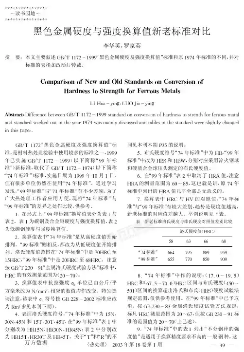 黑色金属硬度与强度新老对照