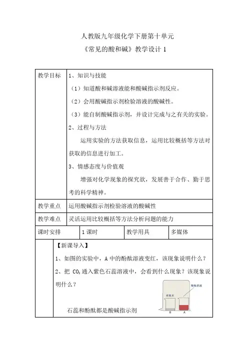 化学人教版九年级下册《常见的酸和碱》第一课时教学设计