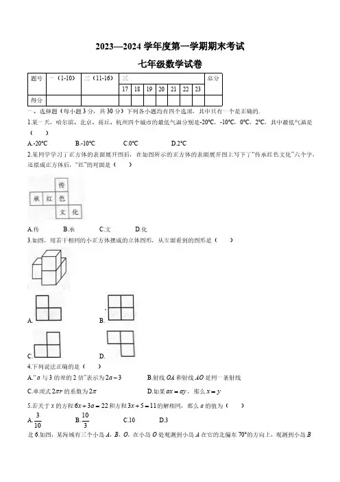 河南省商丘市夏邑县2023-2024学年七年级上学期期末数学试题(含答案)