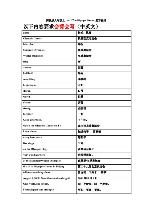 Unit1TheOlympicGames复习提纲(知识清单)-闽教版英语六年级上册