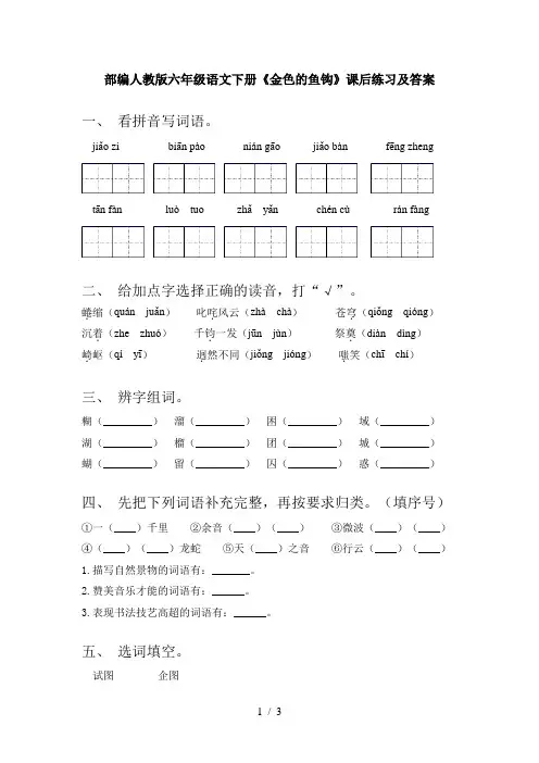 部编人教版六年级语文下册《金色的鱼钩》课后练习及答案