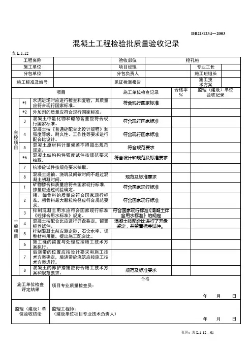 混凝土工程检验批质量验收记录