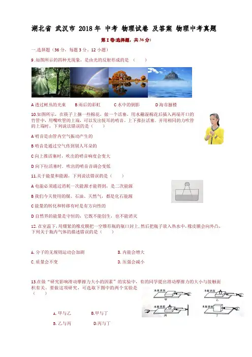 湖北省武汉市2018年中考物理试卷及答案-物理中考真题