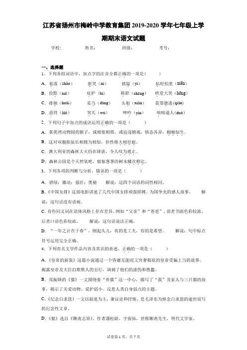 江苏省扬州市梅岭中学教育集团2019-2020学年七年级上学期期末语文试题(含答案解析)