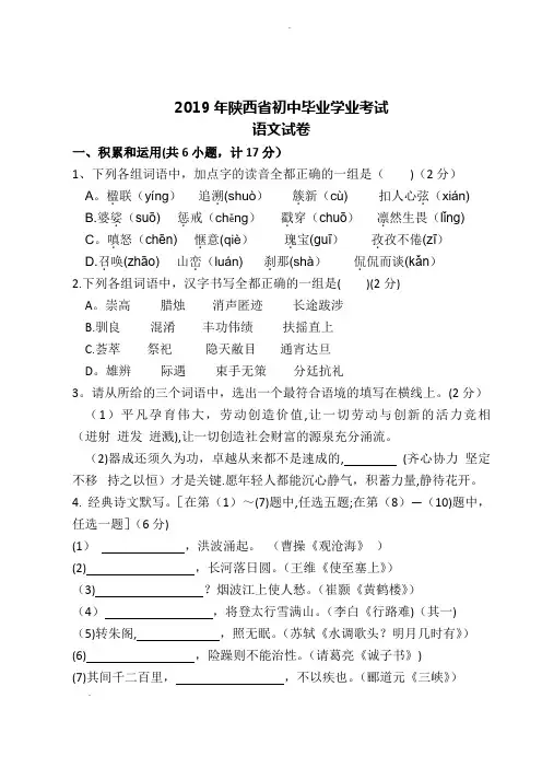 2019年陕西省中考语文试题及答案89678【范本模板】