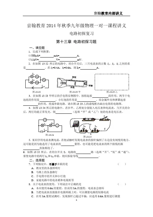 九年级物理一对一课程讲义_电路初探复习