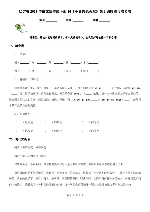 辽宁省2019年语文三年级下册16《小真的长头发》第1课时练习卷C卷